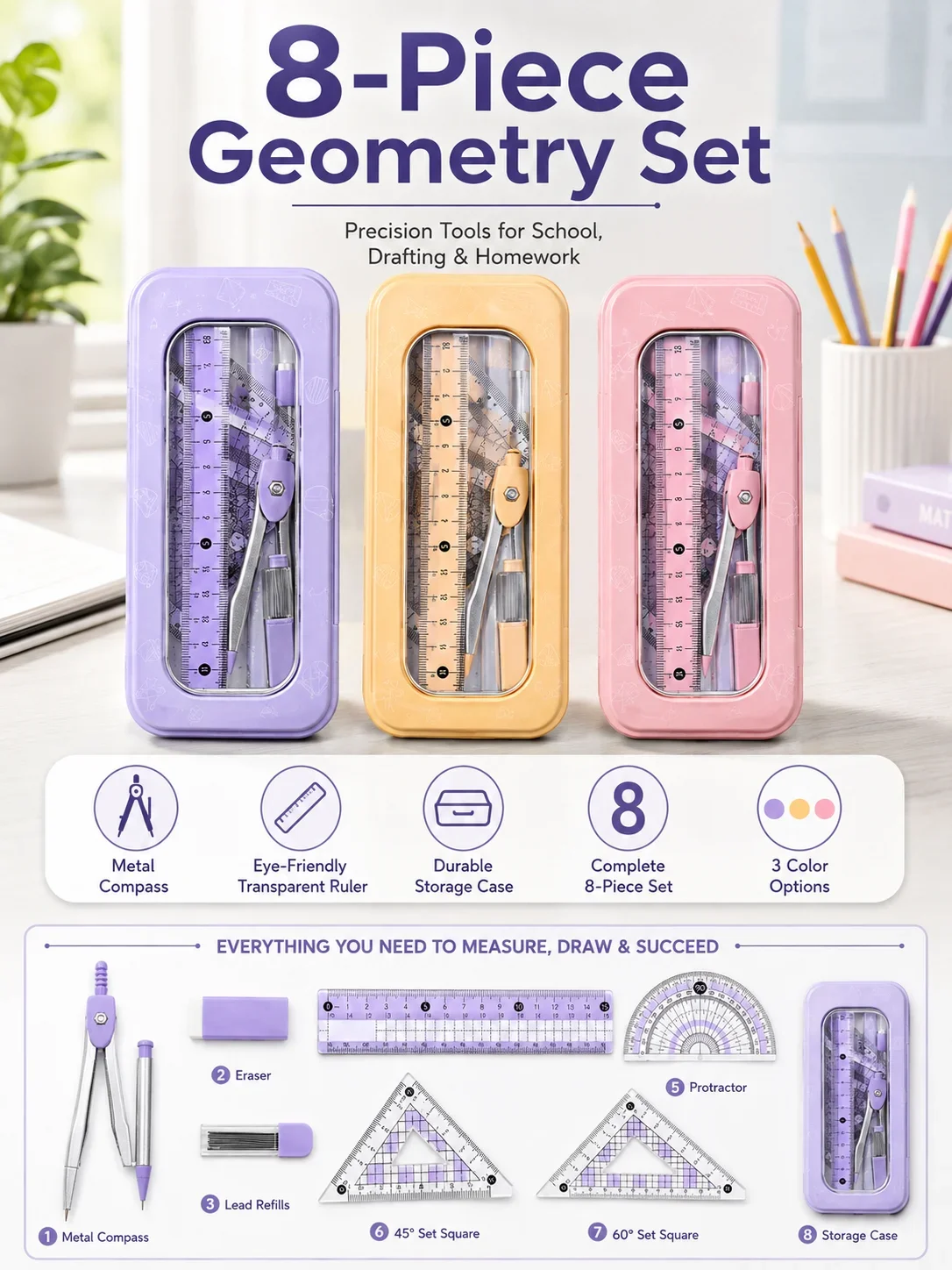 8-Piece Math Geometry Set for  - đánh giá và giá Math Geometry Set With Compass